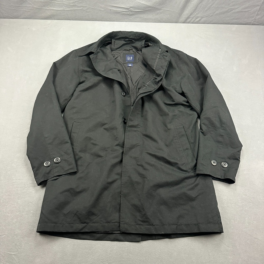 Gap Mac Overcoat Mens Large Black Lined Microfiber Hidden Button Front Outdoor